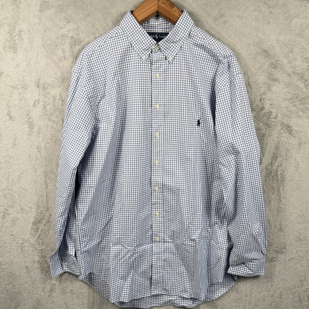 Ralph Lauren Button Down Shirt Mens XXL Blue Plaid Check Pony Classic Fit Long S